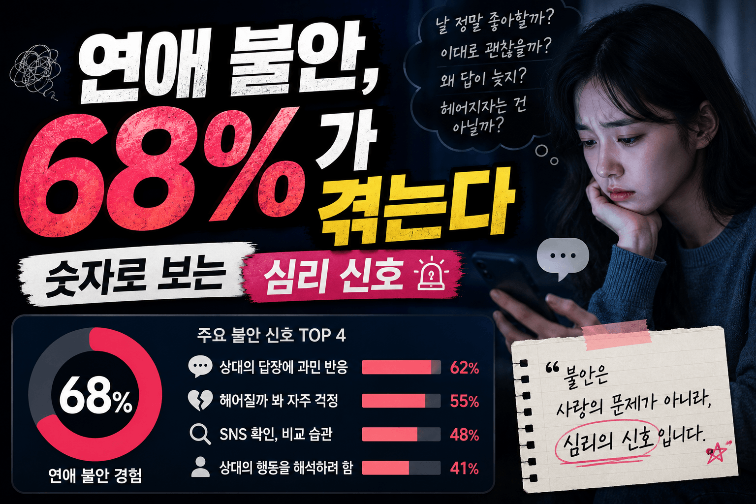 연애 불안, 68%가 겪는다 — 숫자로 보는 심리 신호 연애 불안, 68%가 겪는다 — 숫자로 보는 심리 신호